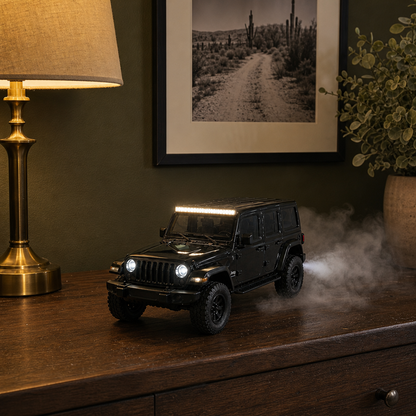 Wrangler-style mist humidifier on a sideboard with headlights and roof light bar glowing