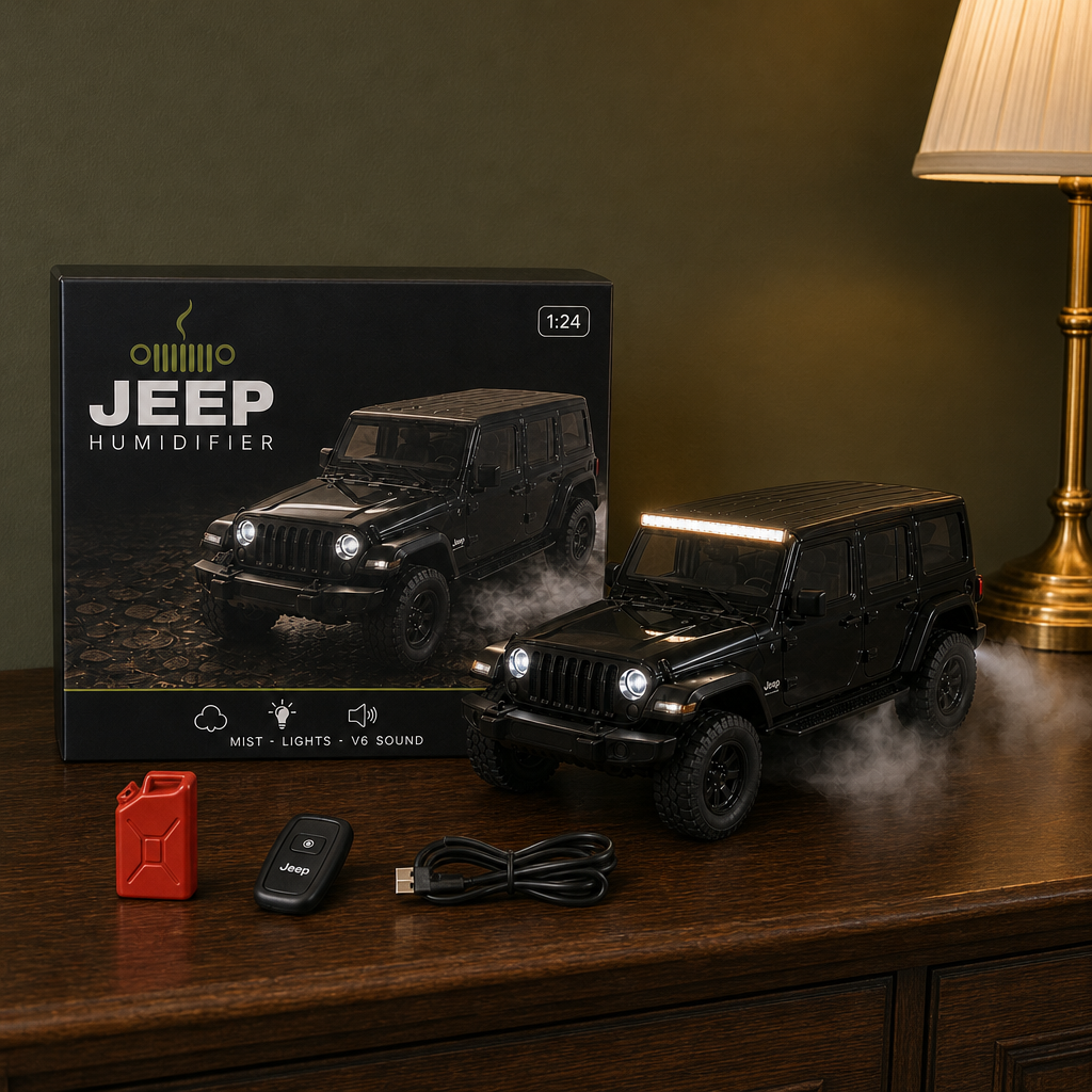 What's in the box: mist humidifier, gift box, mini red jerry can, key fob remote and USB-C cable
