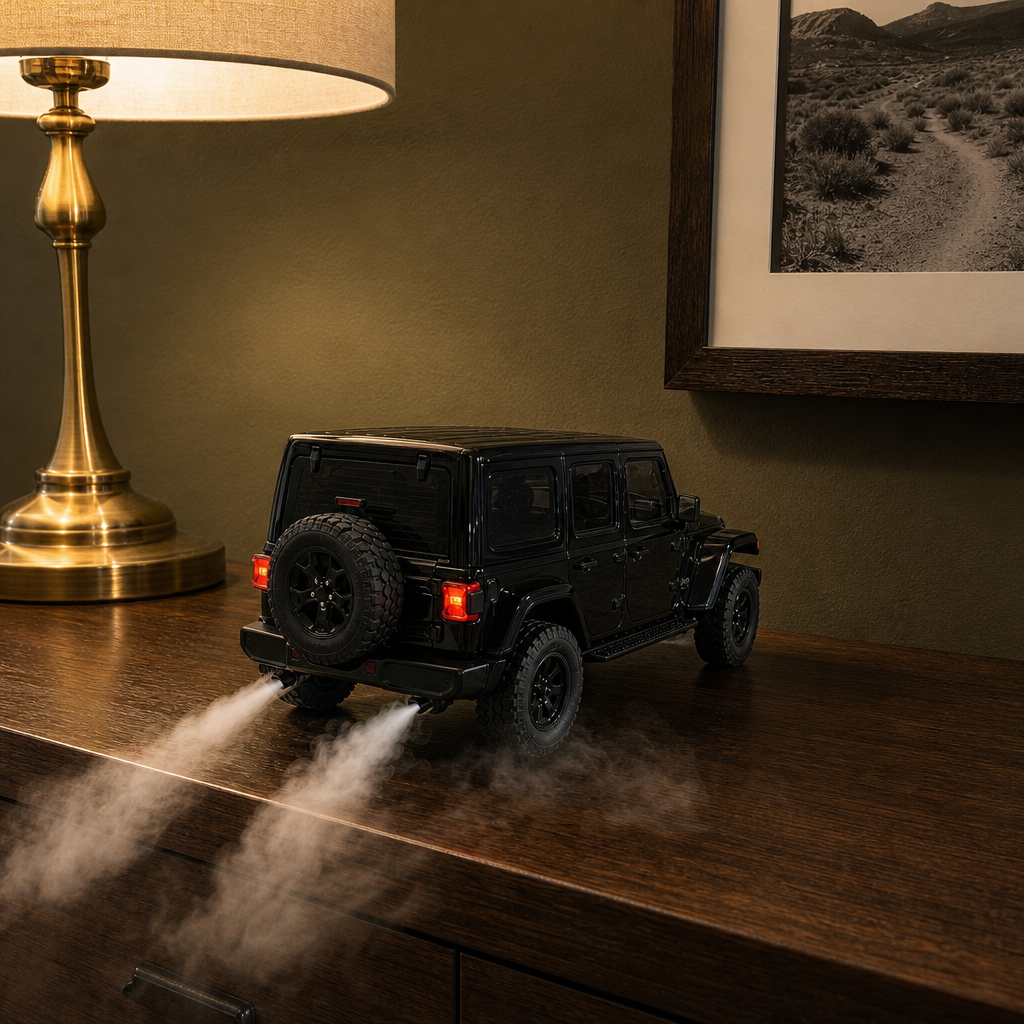 Black Wrangler-style mist humidifier with red tail lights on and mist rolling out of the exhausts