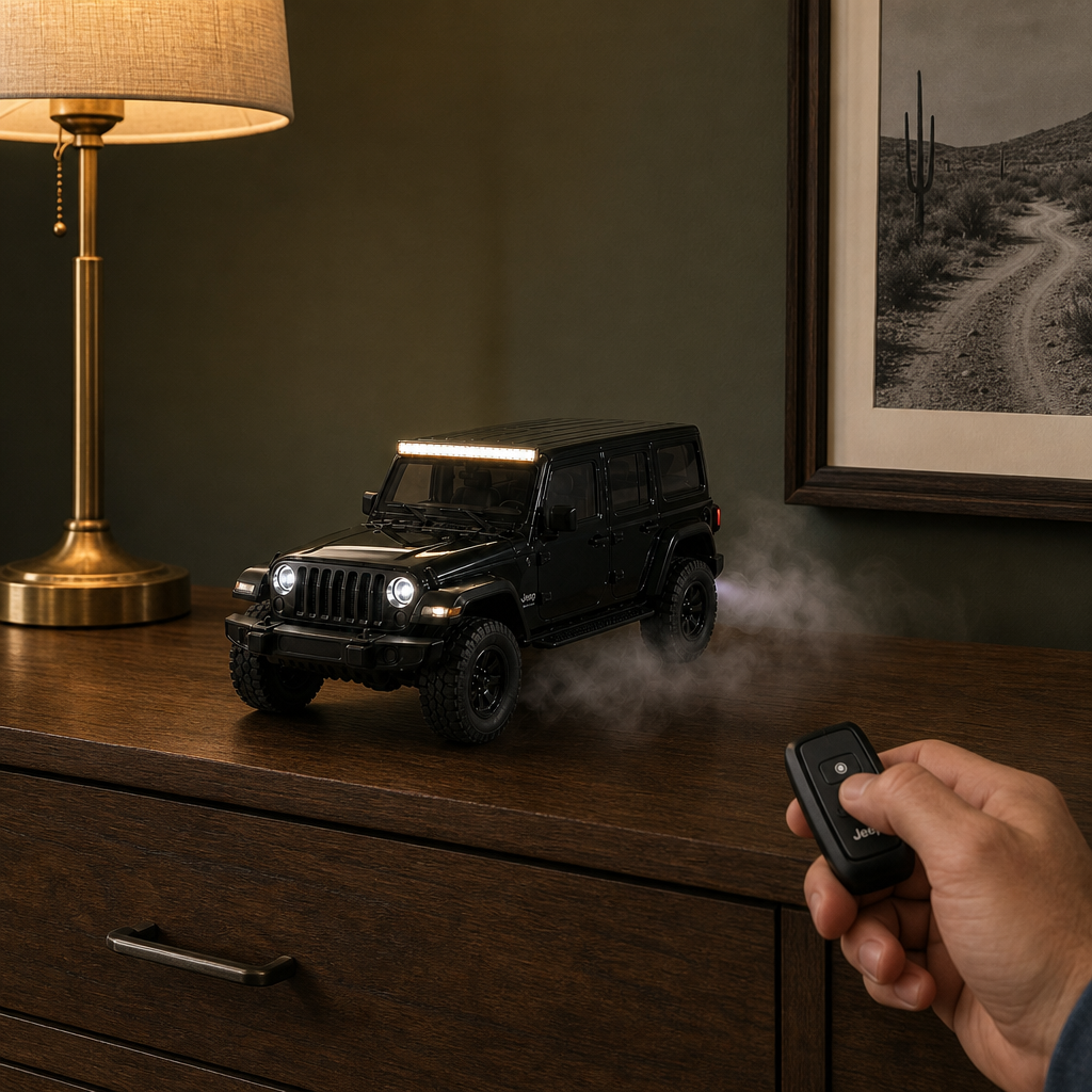 Hand using the key fob remote to start the mist humidifier's lights and mist
